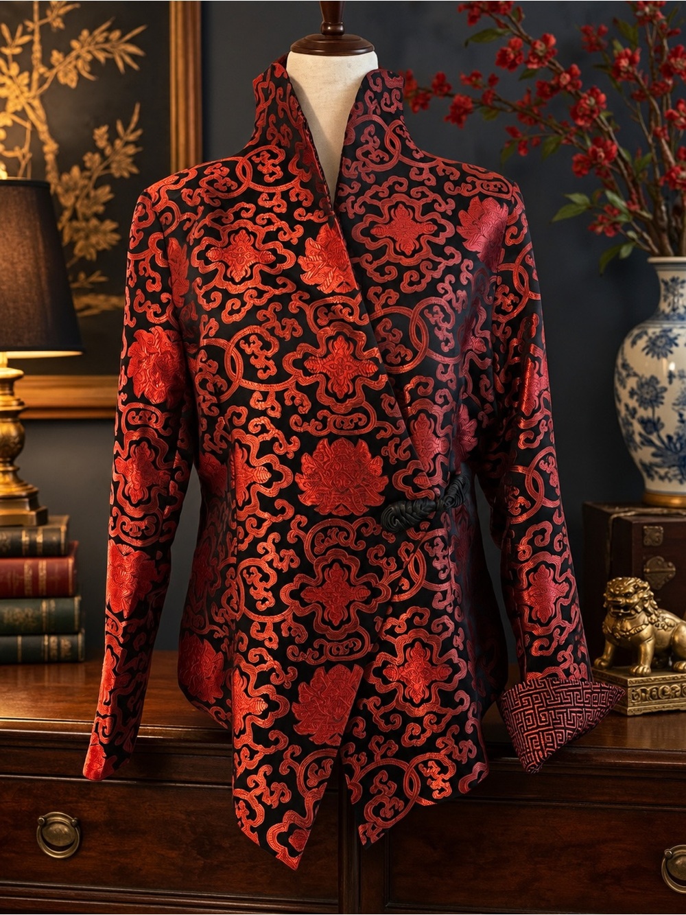 LAOGUDAI Red Black Brocade Mandarin Jacket Frog Closure XXL Fits L/XL